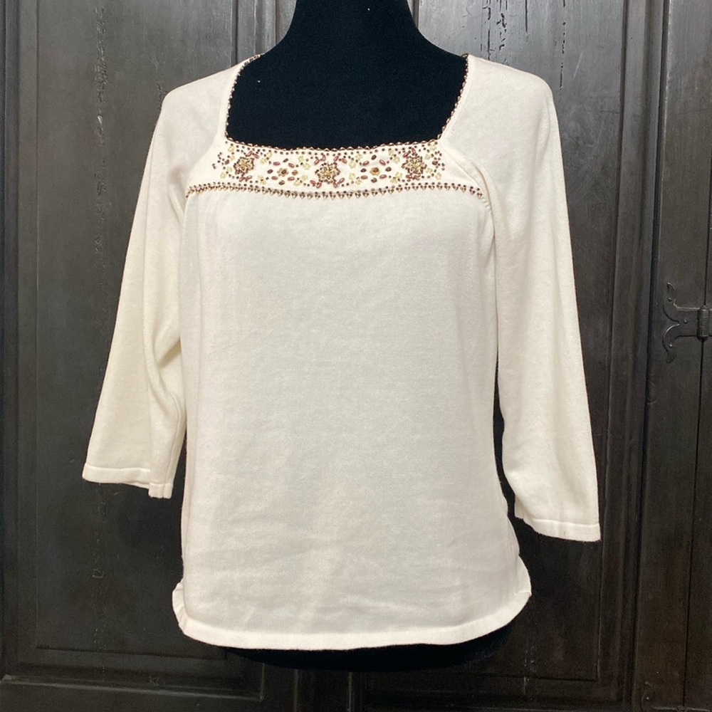 Vintage Erika Sweaters Cream with beaded collar mid length sleeves sweater - M